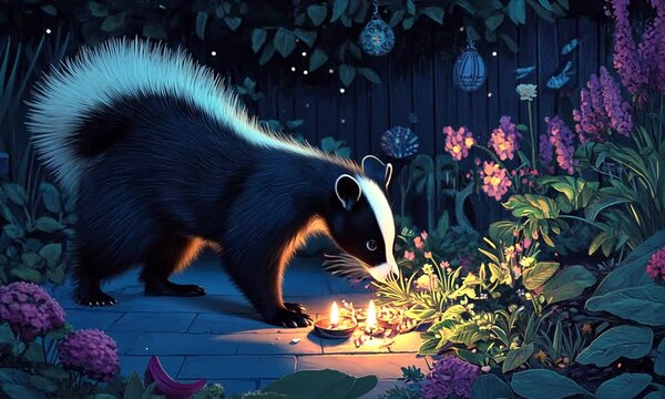 A skunk explores a garden at night, illuminated by soft light and surrounded by flowers.