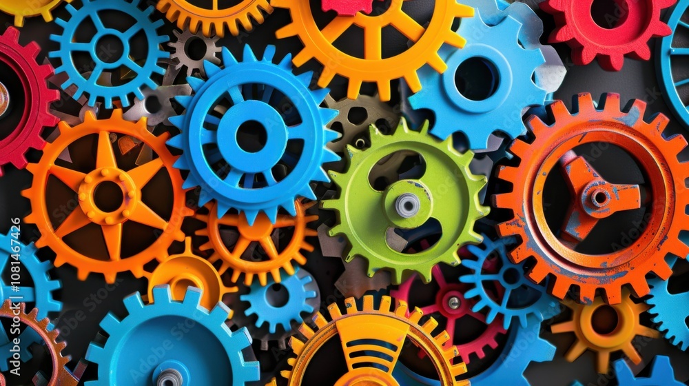 Poster a dramatic depiction of different colored, interlocking gears working in unison within a sleek, mode