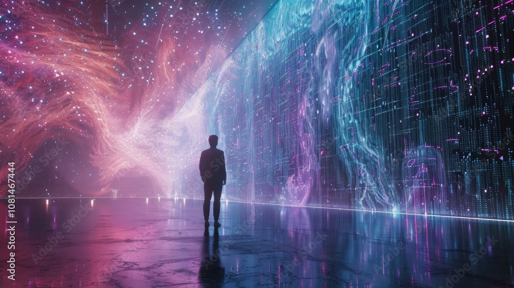 Poster businessman standing in a dark cyberspace, observing a large digital wall displaying complex data vi