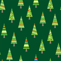 Christmas seamless pattern green Christmas trees adorned with colorful ornaments, stripes, stars, and zigzags perfect for holiday themed backgrounds, greeting cards, gift wrap and festive designs.