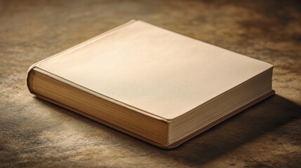 Fototapeta premium A blank, closed book with a worn, cream-colored cover lies on a textured, brown surface.