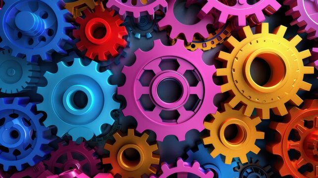 A dramatic depiction of different colored, interlocking gears working in unison within a sleek, modern machine