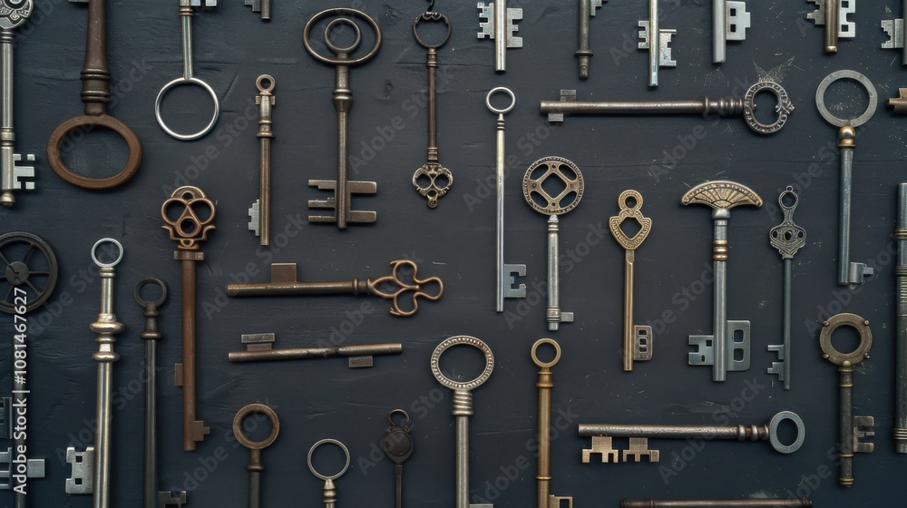 Poster a dramatic image of a diverse collection of vintage keys, each with unique designs, arranged to form