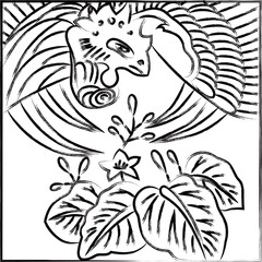 筆書き正方形花札　師走　桐　鳳凰　12月　桐に鳳凰