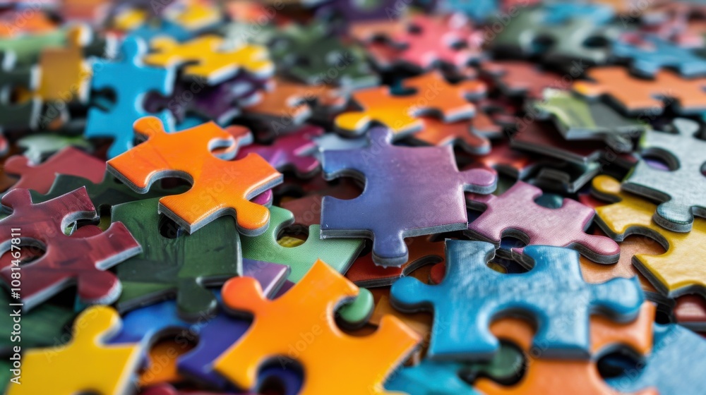 Poster a dramatic image of a diverse set of puzzle pieces falling into place to complete a vibrant image, h