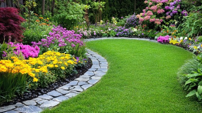 Beautifully Manicured Garden Pathway Surrounded by Vibrant Flower Beds in Full Bloom During Sunny Spring Day, Inviting Nature and Serenity