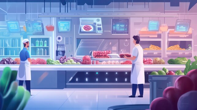 Two butchers stand at the counter in a futuristic grocery store with various meats and vegetables in the display.
