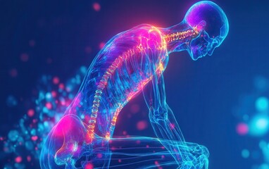A 3D render of a human body with pain in the knee, illustrated with a glowing color palette and an X-ray effect for the bones. 