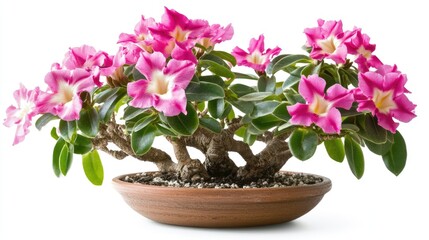 Naklejka premium Beautiful pink flowering bonsai adenium plant in a terracotta pot showcasing vibrant blossoms and lush green leaves, perfect for home decor and gardening enthusiasts.