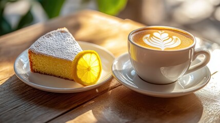 Freshly Baked Lemon Cake Slice with a Glimpse of Latte Art Coffee on a Wooden Table Surrounded by Natural Light and Greenery in a Cozy Café Setting