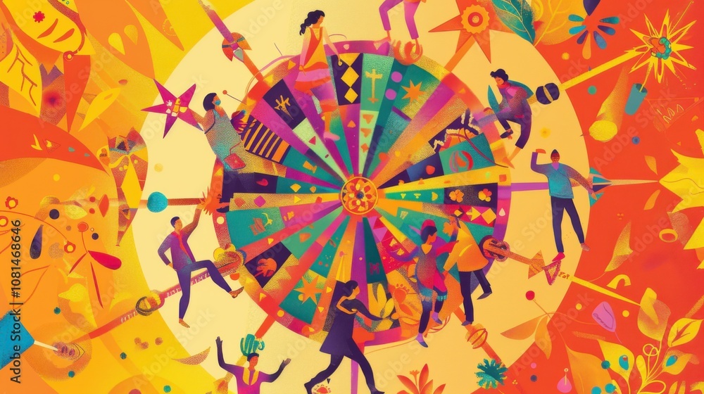 Poster a dynamic image of a colorful spinning wheel adorned with various cultural motifs, with diverse indi