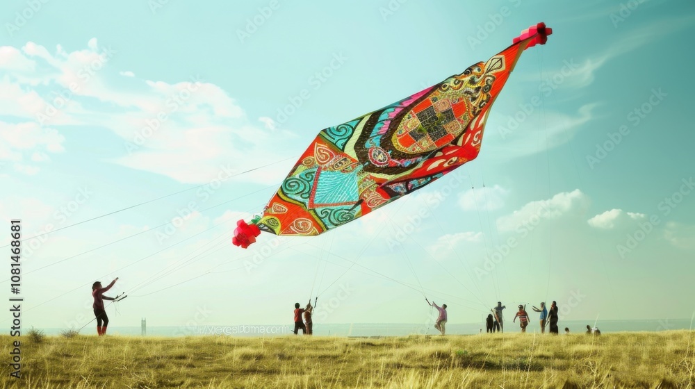 Poster A dynamic image of a giant, colorful kite with various cultural designs, soaring high above a field with people from different backgrounds holding the strings