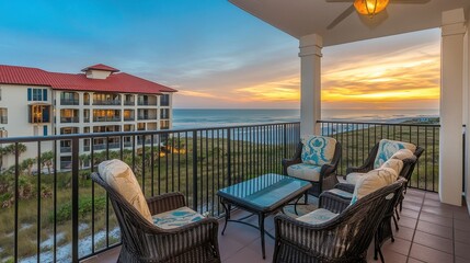 Fototapeta premium Cozy balcony with sunset view over the ocean.