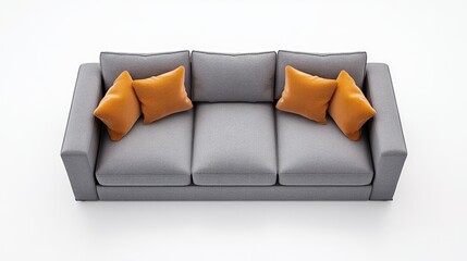 Modern grey fabric sofa with plush cushions, stylish orange pillows, versatile design for contemporary living rooms, showcased against a clean, white background for minimalistic appeal.