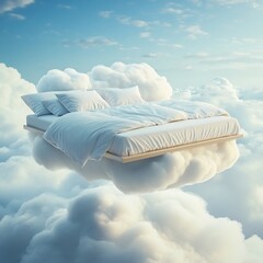 Floating Bed in Ethereal Cloud Landscape for Peaceful Slumber
