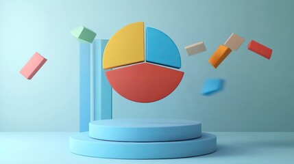 Suspended pie chart with dynamic statistics, minimal background, 3D illustration