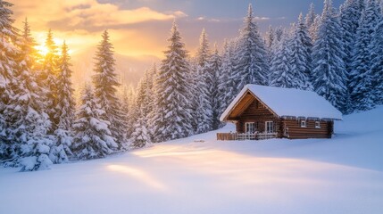 A serene winter landscape featuring a cozy cabin amidst snow-covered tree at sunset.
