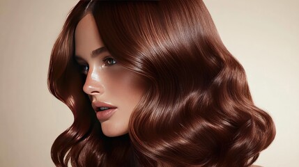 Fototapeta premium Stunning Close-Up of a Model with Glossy, Luxurious Chestnut Hair Showcasing Soft Waves and Radiant Skin Tone Against a Neutral Background