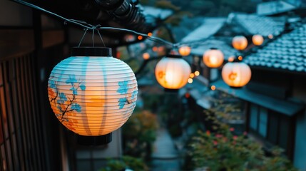 Fototapeta premium Beautifully Illuminated Paper Lanterns Hanging Along a Traditional Japanese Street at Dusk with Soft Glowing Light and Scenic Architecture in Background