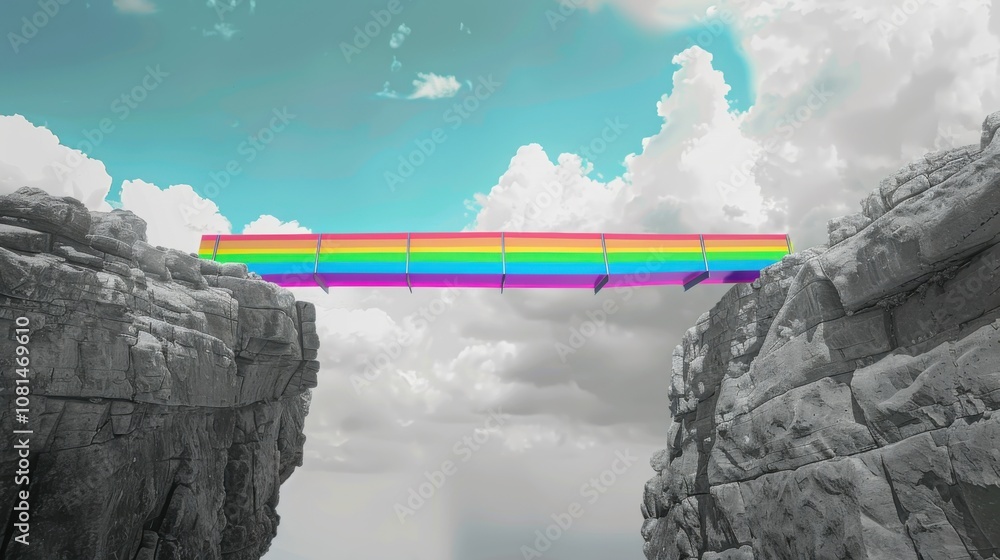 Poster A dynamic scene of a rainbow-colored bridge spanning across a chasm, connecting two contrasting landscapes, Symbolizing the connection and support provided by diversity and inclusion efforts
