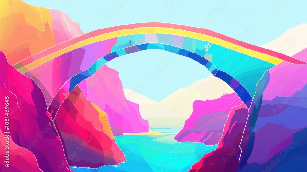 Aufkleber A dynamic scene of a rainbow-colored bridge spanning across a chasm, connecting two contrasting landscapes, Symbolizing the connection and support provided by diversity and inclusion efforts