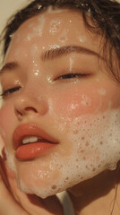 Smile asian young woman wash face with foam facial cleanser gel. Happy facial beauty massage show apply cosmetic product on skin cheeks routine with closed eyes fresh background. skincare spa salon