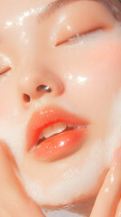 Smile asian young woman wash face with foam facial cleanser gel. Happy facial beauty massage show apply cosmetic product on skin cheeks routine with closed eyes fresh background. skincare spa salon