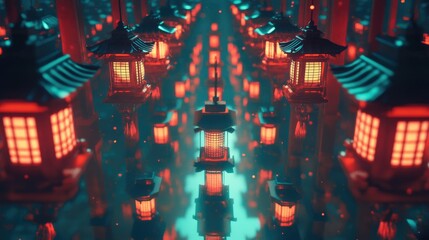 Enchanting Nightscape of Illuminated Lanterns in a Mystical Forest, Featuring Vibrant Colors and Dreamy Depth in a Surreal Underwater Atmosphere