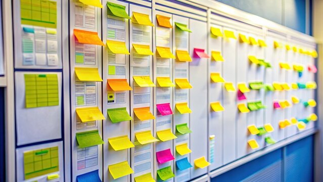 Closeup of software kanban scrum agile board with paper task in an agile software development setting, kanban, scrum