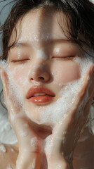 Smile asian young woman wash face with foam facial cleanser gel. Happy facial beauty massage show apply cosmetic product on skin cheeks routine with closed eyes fresh background. skincare spa salon