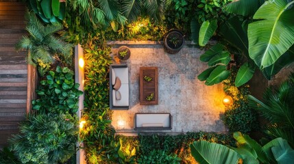 Serene Outdoor Space Surrounded by Lush Greenery at Dusk with Cozy Seating and Soft Lighting in a Tropical Setting Perfect for Relaxation and Tranquility