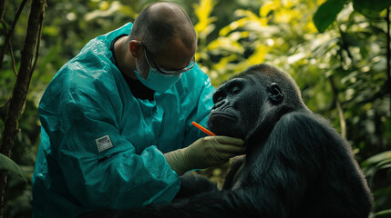 Vet examining tranquilized gorilla in jungle setting, calm and focused