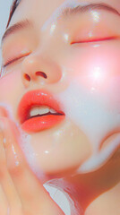 Fototapeta premium Smile asian young woman wash face with foam facial cleanser gel. Happy facial beauty massage show apply cosmetic product on skin cheeks routine with closed eyes fresh background. skincare spa salon