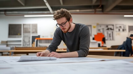 A young man in glasses leans over a large table, carefully studying blueprints.