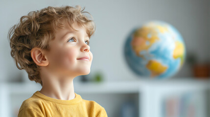 Curly-haired child gazes upwards, with a globe in the background, depicting wonder and curiosity.