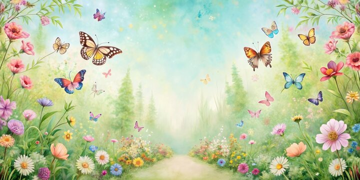 Pastel paper garden scene with butterflies and flower path, pastel, paper, garden, scene, butterflies, flower, path