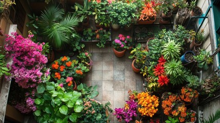 Fototapeta premium Vibrant Rooftop Garden Full of Colorful Flowers and Lush Green Foliage in a Lively Urban Setting, Perfect for Nature Lovers and Garden Enthusiasts