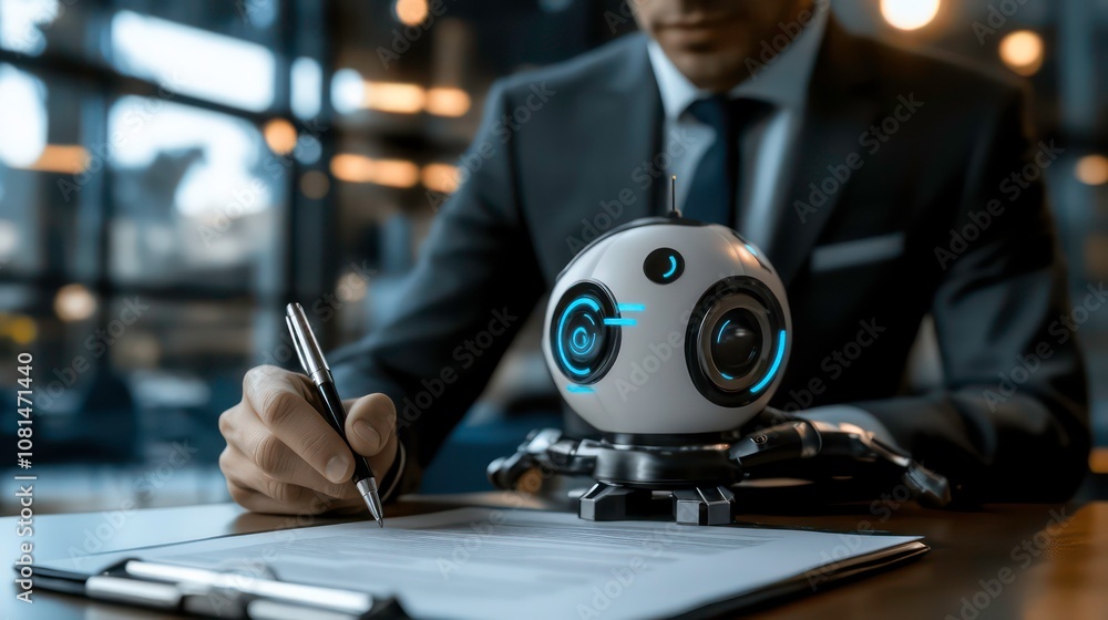 Poster a businessman signing a document with a futuristic robot assistant.