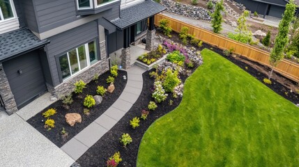 Obraz premium Stunning Aerial View of a Modern Home with Beautiful Landscaping, Pathway, and Lush Green Lawn Featuring a Variety of Colorful Plants and Decorative Stones