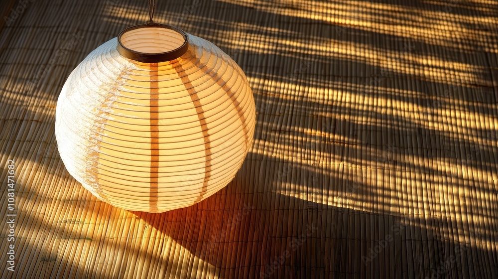Aufkleber elegant paper lantern casting soft shadows on bamboo mat, creating a tranquil and serene atmosphere 