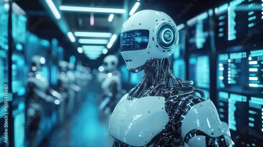 Poster a white humanoid robot with a glowing blue screen on its head stands in front of a server room with 