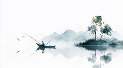 Green watercolor painting of a man sitting in a boat and fishing at lake