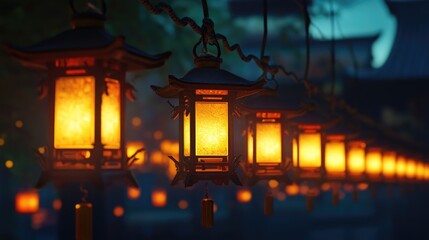 Obraz premium Enchanting Lanterns Illuminating a Serene Pathway in Traditional Asian Setting at Dusk, Highlighting Soft Glow and Rich Cultural Heritage
