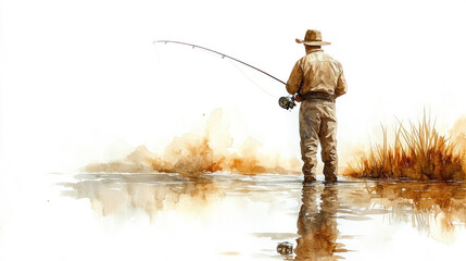 Brown watercolor painting of a fisherman in a stream making a cast