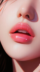 Fototapeta premium Close up of asian young woman lips with hand finger touch her pink lip gloss with manicure background. cosmetic beauty products makeup advertising fashion lipstick and nail polish luxury poster