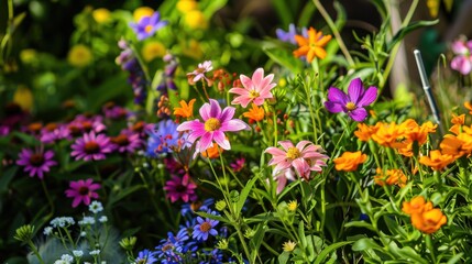 Fototapeta premium A garden with flowers of different species blooming together in harmony, Representing the beauty and strength of diversity in nature and society, photography style
