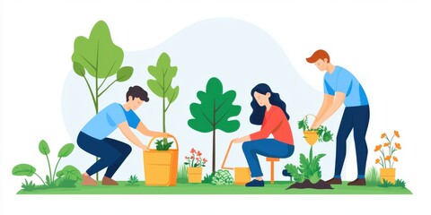 Public participation Environmental Activities flat 3D illustration. Group of friends engaging in an eco-friendly garden project, adding flowers and shrubs in a backyard setting