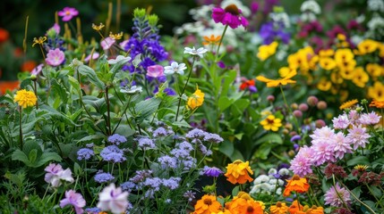 Naklejka premium A garden with flowers of different species blooming together in harmony, Representing the beauty and strength of diversity in nature and society, photography style