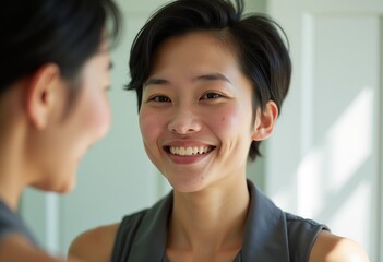 Fototapeta premium Joyful Reflection: Asian Woman with Short Hair Smiling in Bright Bathroom Light, Emphasizing Authentic Skin Texture