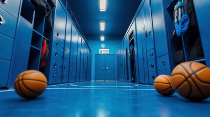 Sports equipment in blue empty locker room low angle photo